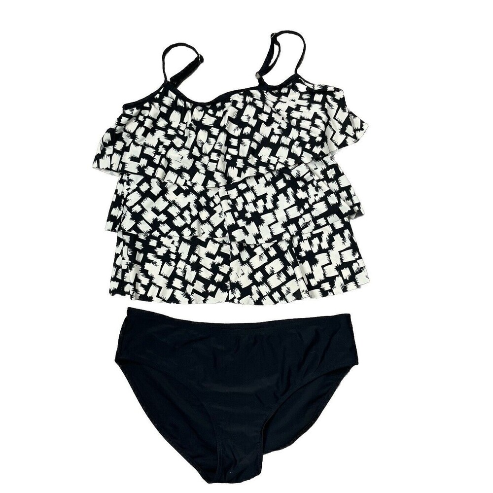Azul Swimsuit 2 Piece Tankini Bikini Swimwear Ruffle Tier Top Black Bottom Large - Picture 2 of 4